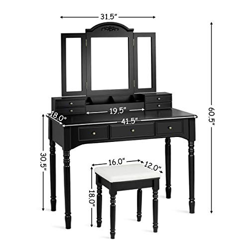 DORTALA Makeup Vanity Table Set w/ 7 Drawers, Removable Tri-Folding Mirror w/ 8 Jewelry Necklace Hooks, Dressing Table w/Open Storage Box & Cushioned Stool, Solid Wood Legs,Black