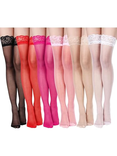 Geyoga 6 Pairs Women's Lace Thigh High Stockings over The Knee Stockings for Women Sheer Thigh High with Lace Top