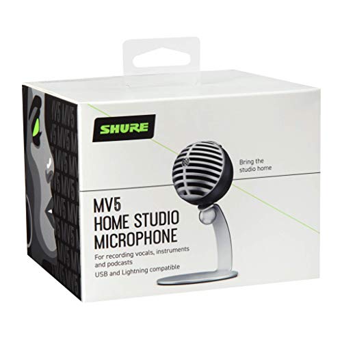 Shure Mv5 Digital Condenser Microphone With Cardioid - Plug-And-Play With Ios, Mac, Pc, Onscreen Control W/ Shureplus Motiv Audio App, Includes Usb And Lightning Cables (1M Each) - Gray W/ Black Foam #TOP5