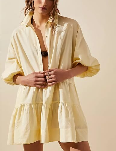 Image of HangNiFang Women's Summer Babydoll Mini Dress Flowy Puff Sleeve Tiered Button Down Oversized Tunic Dress with Pockets