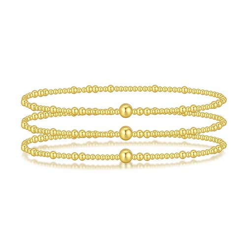 HANRESHE Gold Bracelet Stack Non Tarnish Gold Bead Bracelet for Women Stackable Beaded Stretch Bangle Set Waterproof Stainless Steel
