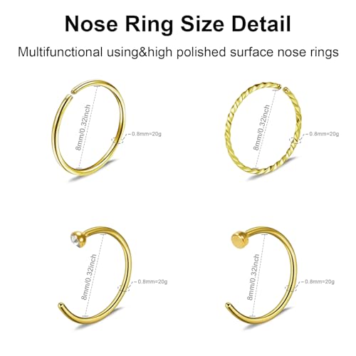 24Pcs Gold Nose Rings Hoops, 20G Surgical Stainless Steel Nose Studs, Hypoallergenic L Shaped Corscrew Nose Screw Piercing with 1.5mm 2mm 2.5mm 3mm CZ for Women Men3