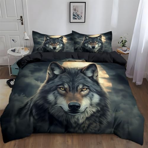 Générique Housse de Couette 240x260 cm Animal Loup Lune Parure de lit pour lit Double avec Fermeture Éclair Ensemble de literie en Polyester Coton avec 2 Taie d'oreiller