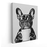 APJYM Funny French Bulldog Drinking Coffee Wall Art, Trendy Black and White Coffee Lover Wall Art for Home Kitchen Cafe, French Bulldog Dog Wall Decor, 11x14 Inches Frame