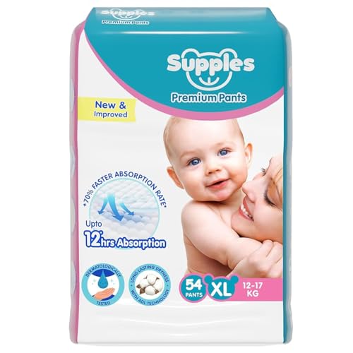 Image of Amazon Brand - Supples Premium Baby Diaper Pants | 54 Baby Diapers | XL | 12-17 Kg | 12 Hrs Absorption | Cushiony Cotton Soft Fabric | Phthalates-Free | Triple Leak Guard