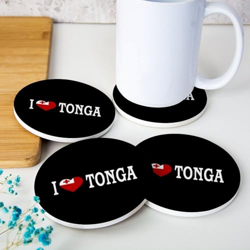 Lot de 4 dessous de verre en céramique avec motif drapeau national des Tonga, I Love Tonga en liège, table basse en céramique, cadeau de pendaison de crémaillère et de cuisine