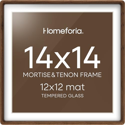 Homeforia 14x14 Picture Frame Brown Mortise & Tenon Walnut 14 x 14 Wooden Square Frames with Mat 12 by 12 for Wall 14by14 Dark Wood Frame Matted to 12x12 inch Art Tempered Glass Wall Kit Set of 1