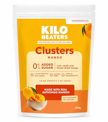 Image of Kilobeaters Mango Breakfast Clusters with Real Freeze-Dried Alphonso Mango | High Protein Granola | No Added Sugar | Gluten Free | Healthy Cereal for Breakfast & Snacking 200g