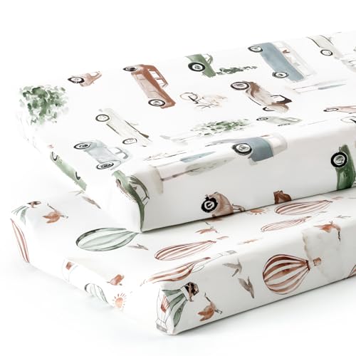 Image of GRSSDER Stretch Ultra Soft Jersey Knit Changing Pad Cover Set 2 Pack, Change Table Pad Covers Fit 32 inch /34 inch x 16 inch Pads Safe and Snug, Pretty Diaper Changing Pad Covers of Cars Print