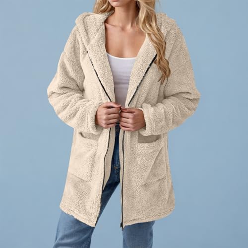 KOG Fleecejacke für Damen Wintermantel Warme Teddyjacke Wollmantel Einfarbig Streetwear Frauen Kapuzenpullover übergangsjacke Strickjacke Frau Daunenmantel Sportjacke Dufflecoat Beige XL