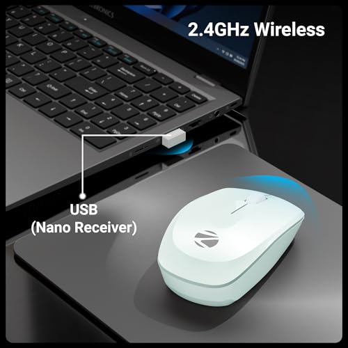 Image of Zebronics Wireless Mouse, 2.4GHz, 3200 DPI, 3 Buttons, Comfortable & Ergonomic, USB nano Receiver, On /Off Switch, Power-Saving Mode, Works on Most Surfaces, for Mac | Laptop | Computer (Freego, Green)