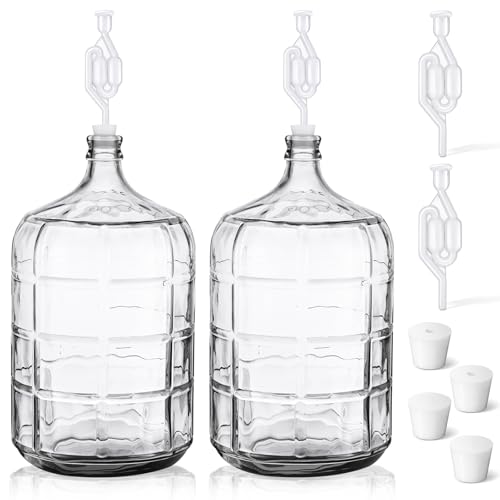 Ziliny 2 Pieces 5 Gallon Glass Carboy, 5 Gallon Glass Water Jug with Drilled & Undrilled Silicone Stoppers and Airlock Fermenting Jug Fermentation Jar Clear Beer Carboy for Beer Wine Making (Clear)