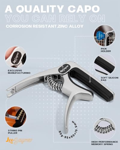 Leo Jaymz Heavy Duty Guitar Capo for Acoustic/Electric Guitars, Guitar Clip made of Zinc Alloy Metal, Guitar Clamp for Bass Classical Guitar, Ukulele, Mandolin,Banjo (Silver) - Thumbnail 3