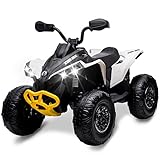 Hetoy 12V Kids ATV, Ride on Toy Car Bombardier Licensed BRP Can-am 4 Wheeler Quad Electric Vehicle, w/LED Lights, Full Metal Suspensions, Bluetooth, Music, USB, Treaded Tires, Bright-White