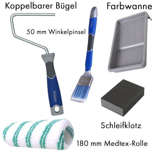 Mäster Roller- und Pinselset Interieur für Innenanstriche – Serie Superior – Komplett-Set mit 180 mm Medtex-Rolle, 50 mm Winkelpinsel, Schleifklotz, Bügel und Farbwanne – Streichen von Wänden und Holz