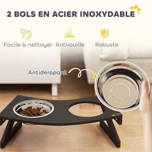 PawHut Raised Dog Bowl met standaard, voederbak voor honden met 2 roestvrijstalen voederbakken, 1 l, langzame voedermat, halfrond oppervlak, voor kleine en middelgrote honden, zwart - Afbeelding 5