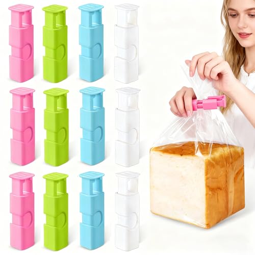 12 Pièces Pinces à Presser pour Sac Alimentaire - Clips Réutilisables avec Ressort pour Fermeture Sachet, Conserver Pain, Chips et Aliments Frais (Bleu, Blanc, Vert, Rose)