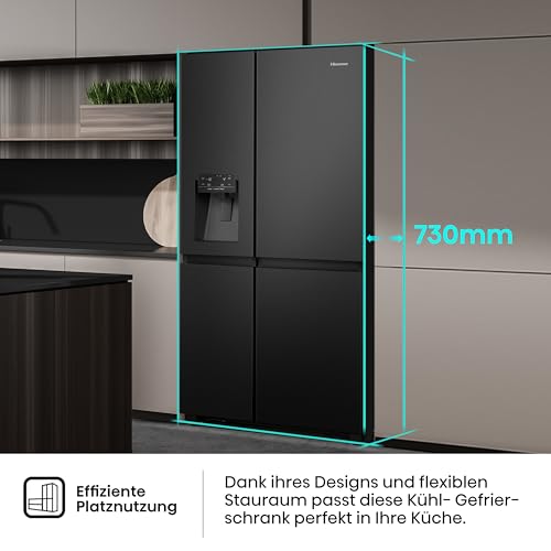 Hisense RS818N4TFE Side-by-Side Kühl-Gefrierkombination /179 cm/Inverter Kompressor/Total NoFrost/Multi Air Flow/Wasserspender mit Wassertank/Kühlteil 417 l/Gefrierteil 215 l/schwarz