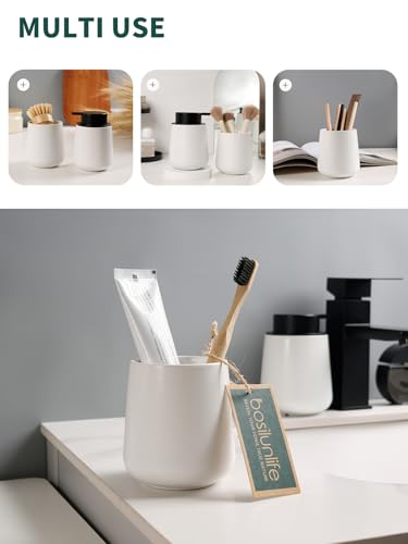 Image of Bosilunlife Soap and Toothbrush Holder Set - Ceramic Bathroom Accessories Set White Liquid Hand Soap Dispenser Set for Bathroom Toothbrush Holder and Soap Dispenser Set