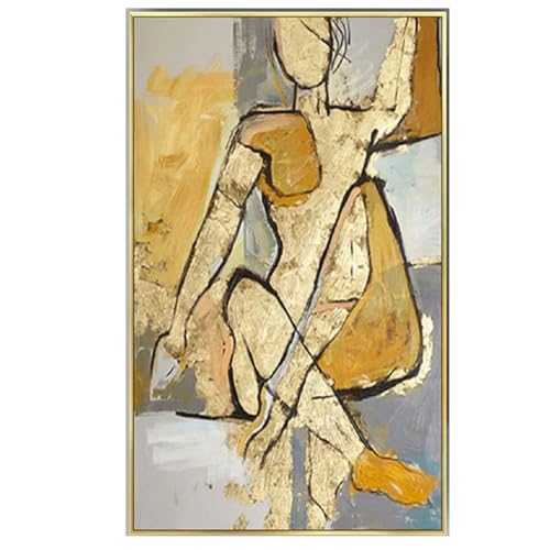 Décoration murale salon moderne : toile abstraite 70x120 cm avec cadre doré design AEFOUU