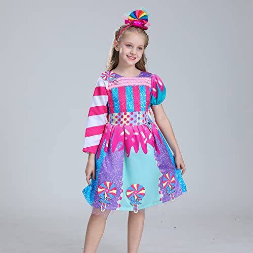 Rainbow Candy Tutu Dress For Girls Candy Land Themed Party Princess Costume With Candy Headband For Toddler Kids Girl Halloween Birthday Party Dress Up Fancy Cosplay Photo Shoot Long Sleeve 7-8 Years #TOP2