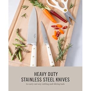 Martha Stewart 16 Piece Lockton High Carbon Stainless Steel Cutlery Kitchen Knife Block Set W/ABS Tripe Riveted Forged Handle Acacia Wood Block - Linen White W/Gold Martha Stewart 16 Piece Lockton High Carbon Stainless Steel Cutlery Kitchen Knife Block Set WABS Tripe Riveted Forged Handle Acacia Wood Block Linen White WGold