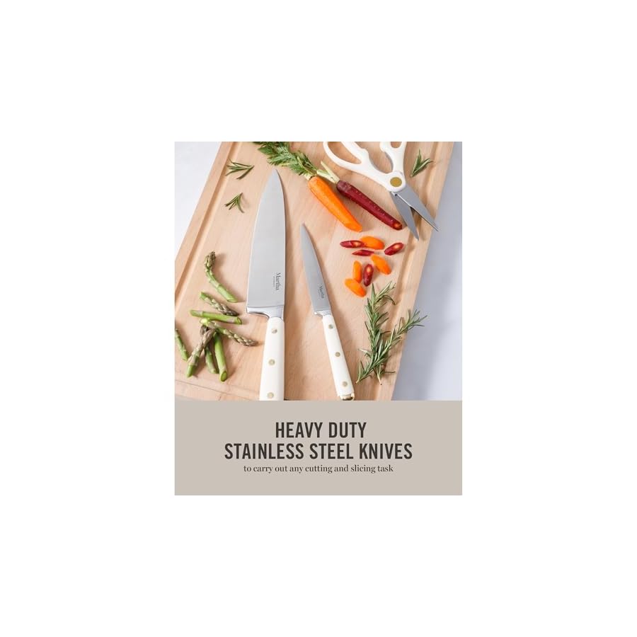 Martha-Stewart-16-Piece-Lockton-High-Carbon-Stainless-Steel-Cutlery-Kitchen-Knife-Block-Set-WABS-Tripe-Riveted-Forged-Handle-Acacia-Wood-Block-Linen-White-WGold Martha Stewart 16 Piece Lockton High Carbon Stainless Steel Cutlery Kitchen Knife Block Set W/ABS Tripe Riveted Forged Handle Acacia Wood Block - Linen White W/Gold