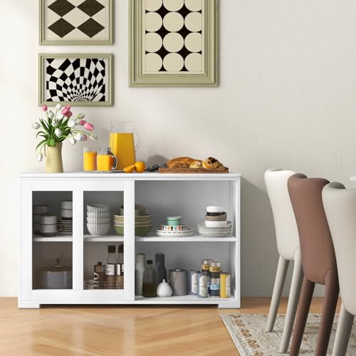 RELAX4LIFE Aparador de madera y cristal con 2 puertas correderas, armario de cocina con estante ajustable, mueble multiusos para TV de salón, blanco/negro, 106,7 x 62,5 x 33 cm (blanco)