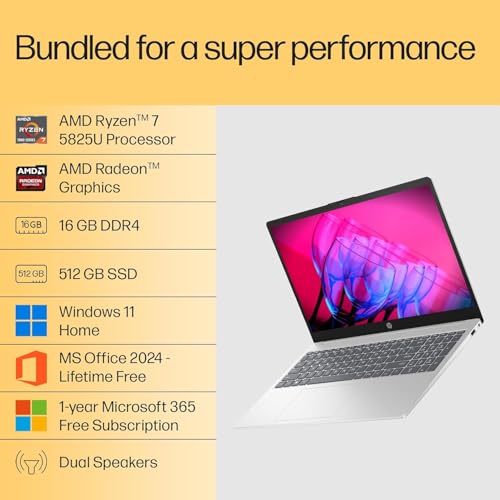 Image of HP 15, AMD Ryzen 7 5825U, 16GB DDR4, 512GB SSD, 15.6-inch(39.6cm) Anti-Glare, FHD, Radeon Graphics, Backlit KB, 1080p HD cam (Win11, M365 Basic(1yr)*,Office Home24, Silver, 1.69kg) fc0533AU