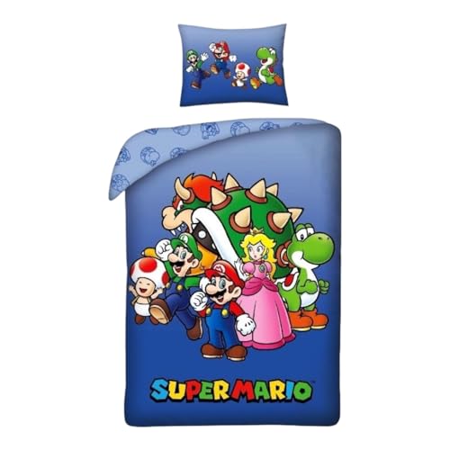 Parure de Lit Super Mario Bros, Housse de Couette Réversible Super Mario Bros avec Taie d'oreiller, 2 Pièces (140x200 cm + 65x65 cm), 1 Personne (Parure...
