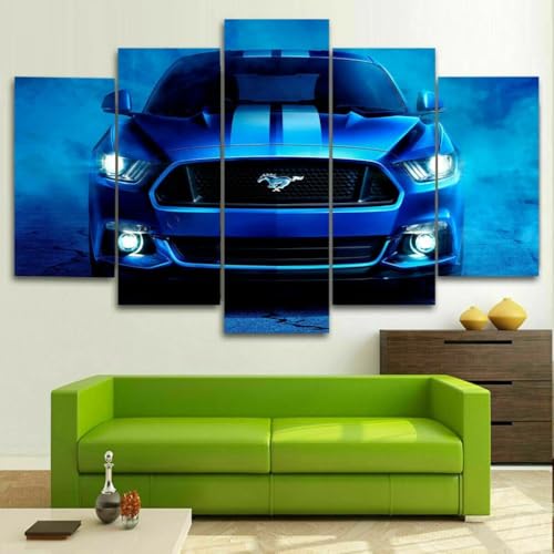 Tableau Voiture de sport Mustang Shelby Bleue | Déco Murale en 5 Parties avec Cadre pour Salon