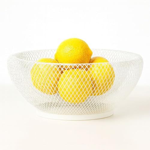 Image of Go Hooked Double-Layer Metal Mesh Fruit Bowl -12 Inch Durable & Stylish Iron Wire Basket, Keeps Fruits Fresh & Insect-Free, Perfect for Display Table, Dining Table, Room Desk Storage Basket - White