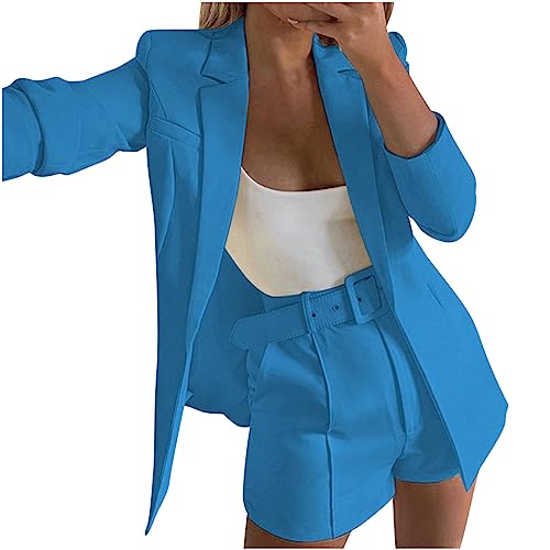 Women's 3 Piece Office Work Suit Set Long Sleeves Blazer +Shorts with Belt Solid Casual Lapel Front Open Cardigan