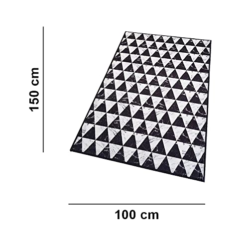 Image of Matz&More Geometric Marble Triangles Rug | 100x150 CM | Black White | Soft Nylon Loop Pile with Anti-Slip Gel Backing | Living Room, Bedroom & Office Floor Carpet