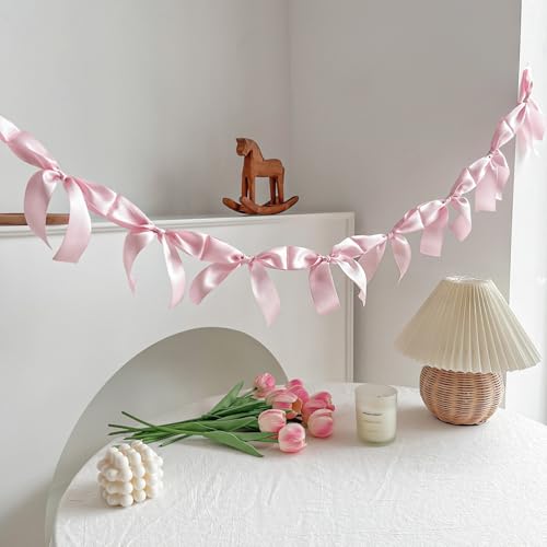 Image of Pre-Assembled Pink Bow Garland - 6ft Ready-to-Hang Engagement Party Decorations, Coquette Birthday & Bridal Showers, No DIY Needed! Baby Room Bed Decor (Pink, 6ft)