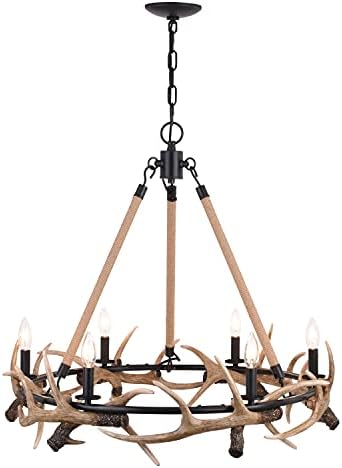 VAXCEL Breckenridge 6 Light Bronze Rustic Antler Chandelier Natural Rope Accent