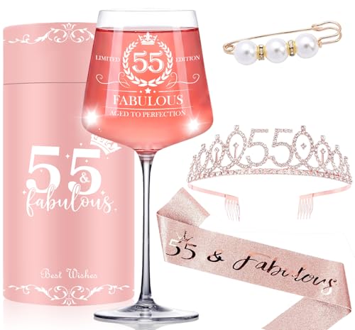 Cyrelwing 55TH Birthday Gifts for Women,Vintage Engraved 55th Wine Glass,55 Year Old Birthday Decorations For Her,55&Fabulous Sash and Tiara For Women,Friends,Sister-Turning 55th Party Favor Supplies