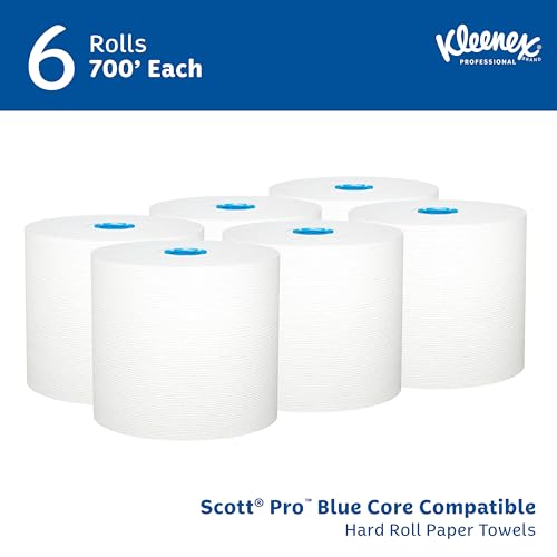 Image of Kimberly Clark Professional Hard Roll Paper Towels (25637) with Premium Absorbency Pockets, White, for Dispenser (Blue-Core), 700' /Roll, 6 Rolls /Case, 4,200' /Case