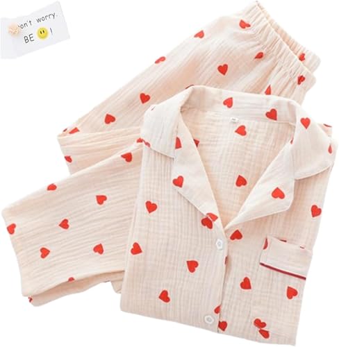 Damen Schlafanzug Lang Baumwolle - Herz-Print Pyjama Set Mit Tasche Für Winter