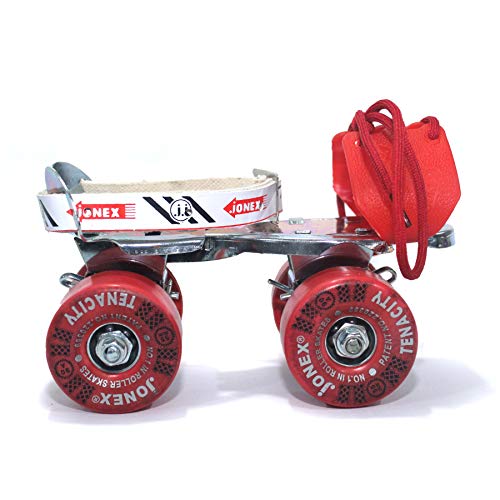 Image of Jonex Unisex Super Tenacity Adjustable Quad Roller Skates for Junior Kids (3-6 Years), Indoor Outdoor Wheels, Metal Body, 55 mm Wheels, Color - Red