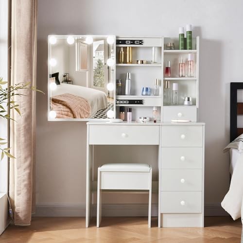 LIANWANG Tocador con luz LED, tocador con 1 taburete y espejo, 3 temperaturas de color y brillo ajustable, 6 cajones y 4 estantes, 131 x 80 x 36 cm, color blanco