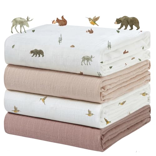 Image of POMISO Muslin Swaddle Blankets for Boys & Girls, Newborn Receiving Blankets, 4 Pack Soft Breathable Baby Swaddles, Large 47x47 Inches, Forest Animals