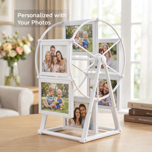 Image of MUSHA Customized Ferris Wheel Rotating Photo Frame | 12 Photo Swing Wheel Display | Personalized Anniversary Valentine Birthday Gift | Double-Sided Tabletop Photo Holder | Send Your Photos We Print | Rotating Photo Frame for Couples