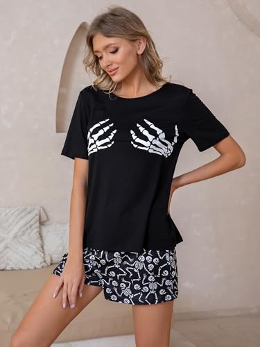 Leevuyu Women Halloween Pajamas Skeleton Short Sleeve Tops and Shorts Scream Pajamas Halloween Pajama Pjs Black S - image 4
