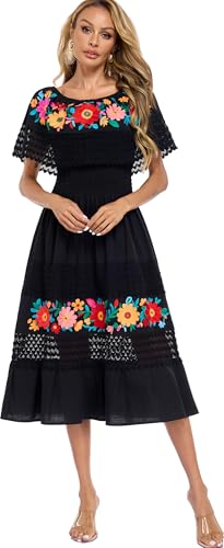 Image of YZXDORWJ Women Embroidered Mexican Peasant Casual Sexy Lace Off-Shoulder Long Dress