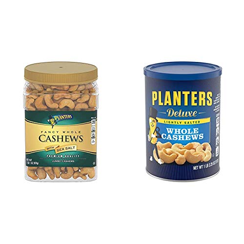 PLANTERS Fancy Whole Cashews with Sea Salt, 33 oz. Resealable Jar - Kosher & Deluxe Lightly Salted Whole Cashews, 18.25 oz. Resealable Canister - Lightly Salted Cashews & Lightly Salted Nuts