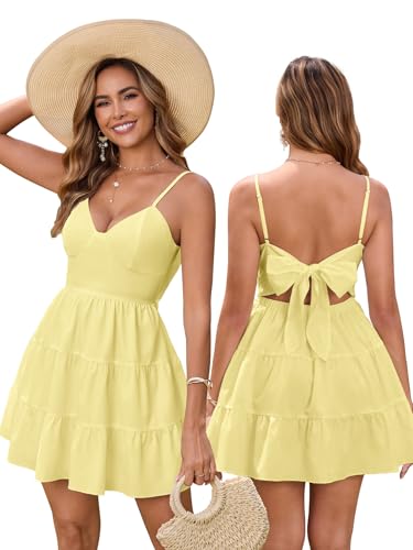 Image of HTZMO Women Summer Floral Mini Sundress Bow Tie Short Dress | V Neck Backless Ruffle A Line Flowy Cute Dresses, Boho Beach Casual Vacation Homecoming Graduation 2026
