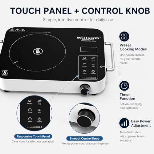 Image of WelTherm Premium 2200W Infrared Cooker with Grill, Touch Panel & Rotary Knob Controller, Adjustable Temperature & Power Levels, Works with All Cookware,Side Handles, Portable Electric Cooktop