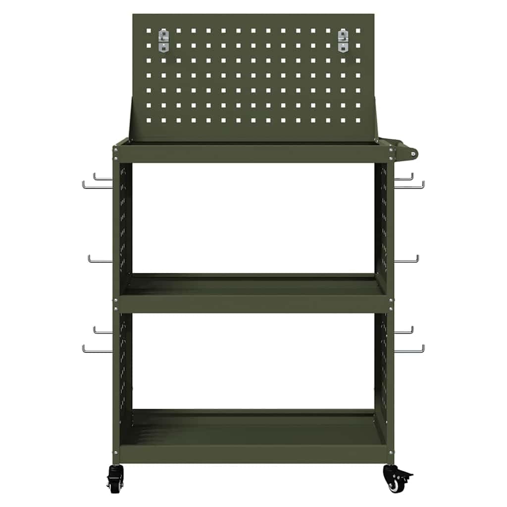 Carrello portautensili verde oliva 65x35x111cm in acciaio laminato a freddo con 3 ripiani, 12 ganci, ruote bloccabili, ideale per officina, garage, sala hobby, mobile e salvaspazio
