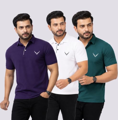 Image of HANABY Men's Summer Polo Solid Half Sleeves Polycotton T-Shirt | Collar Breathable and Comfortable T-Shirt (Pack of 3)